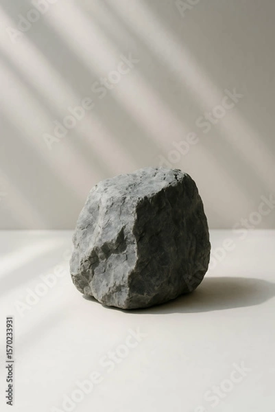Obraz A single gray stone sits on a smooth surface with soft, diagonal light casting shadows in the background.