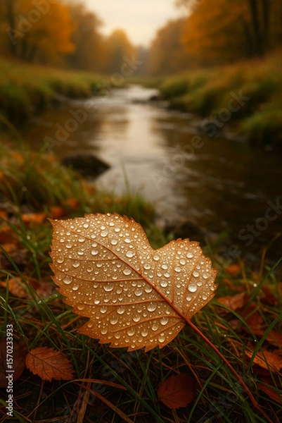 Obraz A close-up of a dewy autumn leaf on grass beside a gently flowing river with blurred fall foliage in the background.