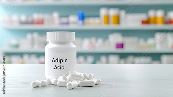 Fototapeta A close-up of a white bottle labeled 'Adipic Acid' with scattered capsules on a clean surface, suggesting a pharmaceutical setting.