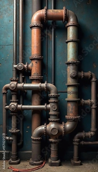 Fototapeta Intricate Network of Industrial Metal Pipes Against Textured Wall A High-Resolution Steampunk Background Image Perfect for Retro and Factory Themed Designs