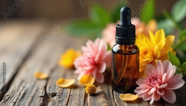 Fototapeta Calming Essential Oil Close-up of aromatherapy bottle with dropper, surrounded by dried flowers and leaves on rustic wood. Perfect for wellness, spa, and natural beauty concepts.