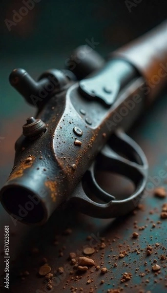 Fototapeta Rusty Antique Firearm Close-up Damaged Barrel, Menacing Presence, Blurred Background, Danger, Destruction, Lethal Weapon