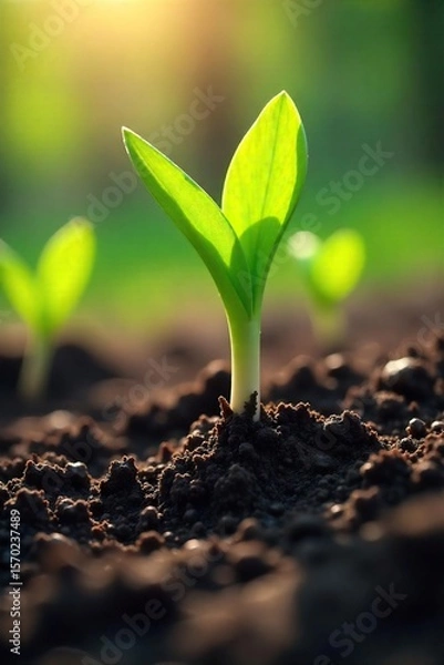 Fototapeta Delicate Spring Roots Emerging Through Dark Soil, Sunlight Illuminating Vibrant Green Shoots - New Growth and Rebirth