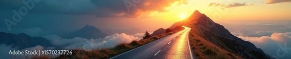 Fototapeta Winding Road to Success A Sunlit Peak Symbolizing Career Progression and the Achievement of Professional Goals.  The challenging yet rewarding journey towards ambition and fulfillment.