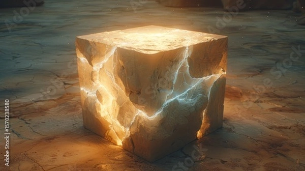 Fototapeta Glowing Cracked Cube on Desolate Planet