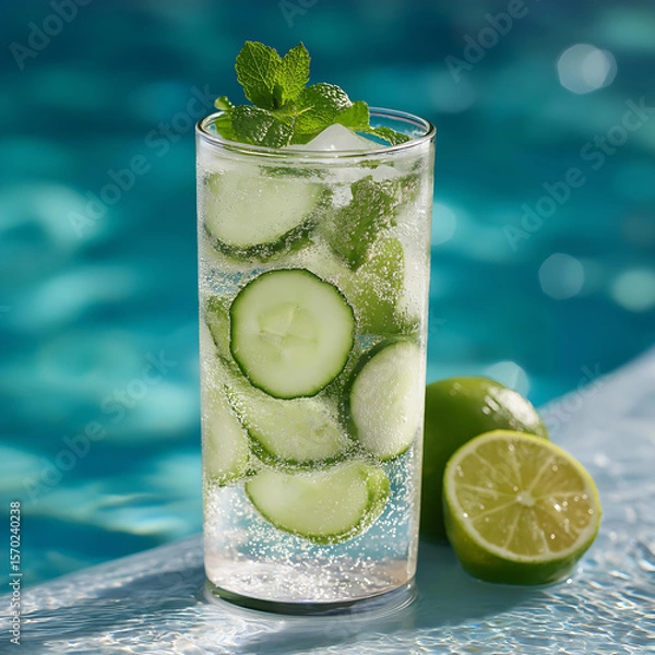 Fototapeta Cooling Off with a Refreshing Cucumber and Mint Summer Beverage – Perfect Poolside Vibes with an Alcohol-free Mojito Style Drink and Iced Green Hues