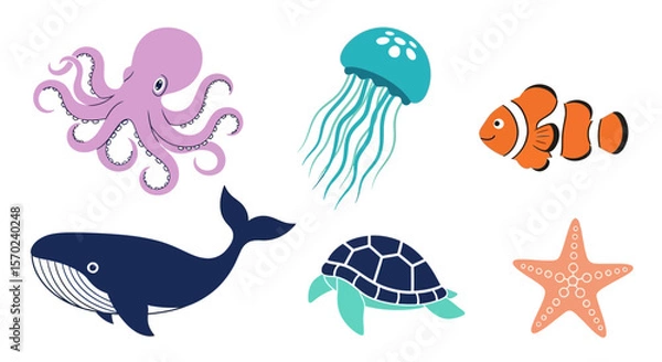 Fototapeta Vector ocean life illustration featuring octopus jellyfish clownfish whale turtle and starfish vector graphic design