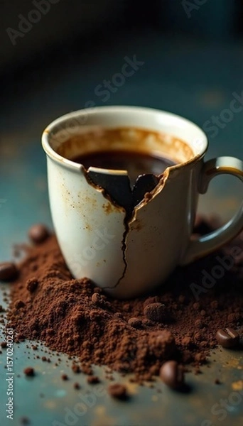 Fototapeta Discarded Coffee Cup A Close-Up Image of Loss and Disappointment, Showing Scattered Coffee Grounds, conveying a sense of bitter finality and heartbreak. Gloomy, moody atmosphere.