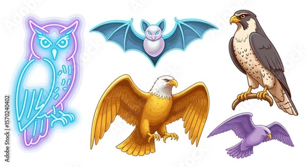 Fototapeta Vector illustration of neon owl, bat, bald eagle, falcon, and bird of prey vector design graphic art 100 character