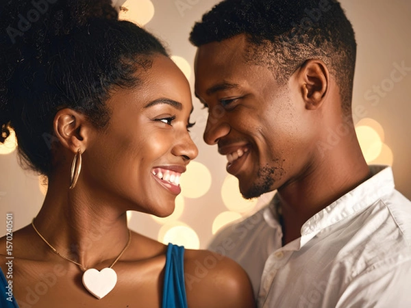 Fototapeta photo of A loving couple stands close, completely absorbed in each other. Their eyes meet with tenderness, or they share a soft smile or gentle laugh. 
