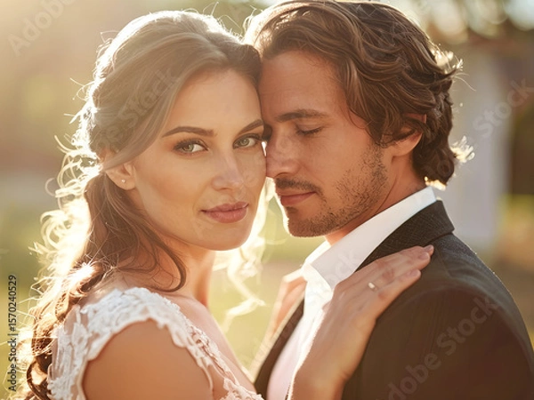 Fototapeta photo of A loving couple stands close, completely absorbed in each other. Their eyes meet with tenderness, or they share a soft smile or gentle laugh. 