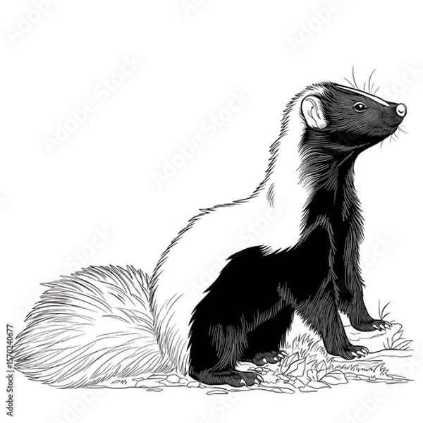 Fototapeta Black and White Skunk Illustration: Wildlife Character Design with Bushy Raised Tail and Fur Texture in Vintage Style Vector Artwork