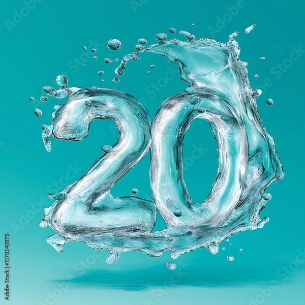 Fototapeta 3D Water Splash Number Twenty Design: Celebrating Clean Blue Refreshing Fluid Motion in Nature Graphics