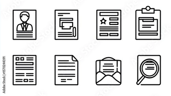 Fototapeta A set of business and career focused icons illustrating various aspects of professional life including documents resumes job applications hiring and recruitment administrative tasks