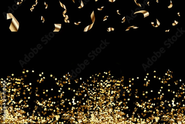 Obraz Shiny gold confetti on a dark background in a 3D style, great for party or holiday designs.