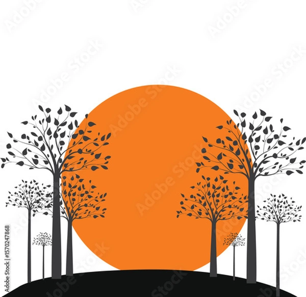 Fototapeta Sunset Autumn Tree Silhouette with Falling Leaves