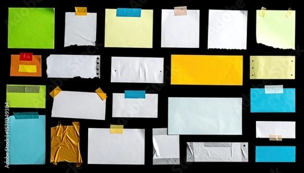 Obraz Arrangement Of Torn Paper Scraps With Various Colors And Adhesive Tape Patches On Black Background
