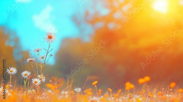 Fototapeta Bright wildflowers bloom under a warm sunset in a vibrant meadow