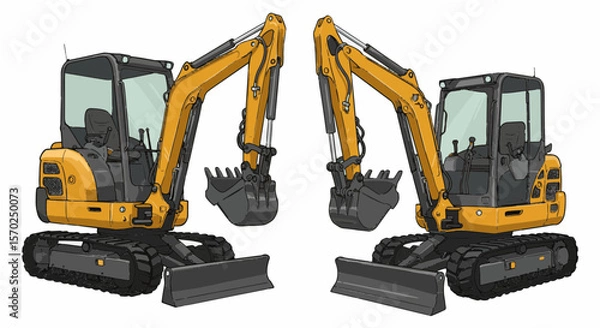 Fototapeta mini excavator vector, Vintage Style Mini Excavator Vector Illustration