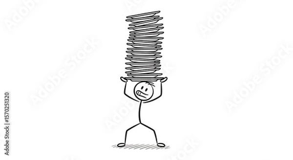 Obraz A stick figure man struggling with a tall stack of plates overhead drawing