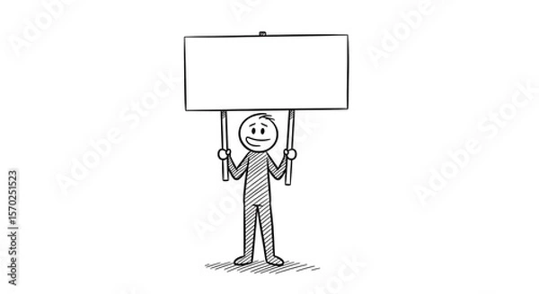 Fototapeta Cartoon stick figure holding blank sign for message or protest demonstration