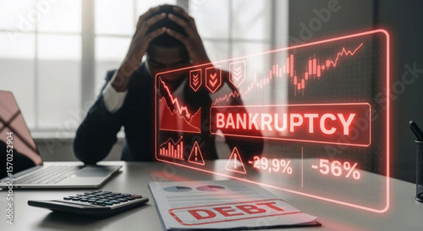 Obraz Businessman holding his head in despair with the word "Bankruptcy" surrounded by red negative financial graphs with numbers and a document with a debt stamp on the desk