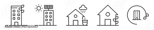 Obraz Conjunto de iconos de edificaciones sostenibles. Construcciones ecológicas. Edificio ecológico, panel solar, captación de lluvia, casa ecológica y etiqueta verde