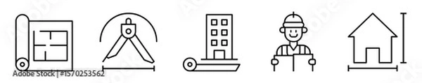 Obraz Conjunto de iconos de arquitectura y planos. Diseño y construcción de espacios. Plano, compás, maqueta, lectura de planos y casa con medidas