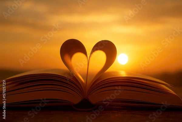 Fototapeta Open book pages form heart shape against golden sunset golden hour