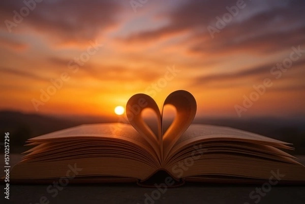 Fototapeta Open book pages shaped into a heart against a sunset heart shape orange sky