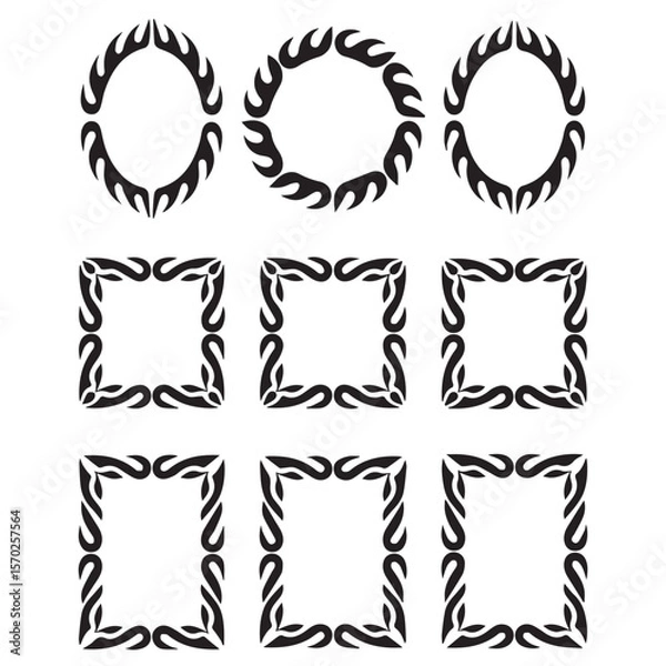 Fototapeta Collection of nine black tribal flame ornamental decorative borders and frames on a white background