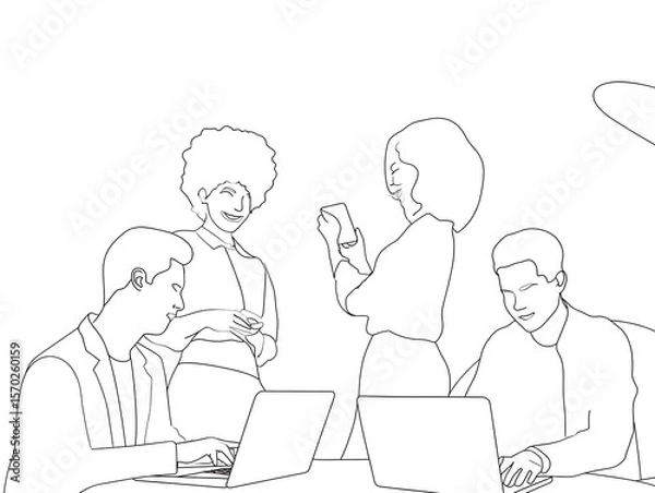 Fototapeta Outline drawing of a diverse group of people working together.