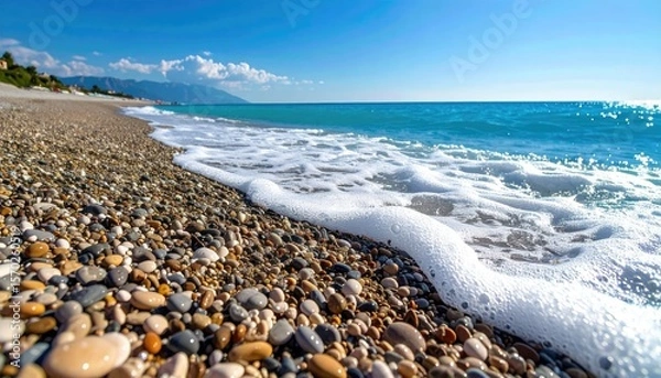 Obraz Pebbled Beach Shoreline Lapped By Transparent Surf Under Clear Blue Sky on Sunny Day