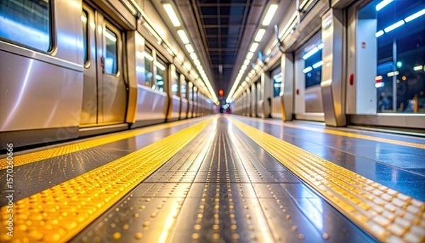 Obraz Perspective View Of A Metro Train Platform With Metallic Train Doors And Yellow Warning Lines