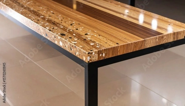 Obraz Polished Terrazzo Bench Surface with Wood Texture and Black Metal Frame in Contemporary Design