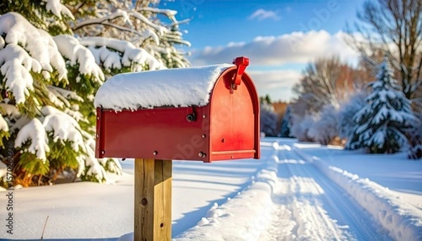 Obraz Red Snow Covered Mailbox At The End Of Winter Country Lane Against Blue Sky With White Snow And Trees