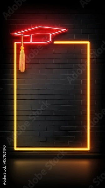 Fototapeta Neon Graduation Cap Tassel Frame on Brick Wall Background Design Template