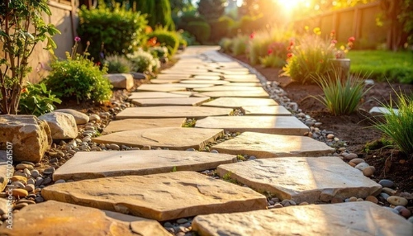 Obraz Rustic Flagstone Pathway In A Lush Garden With Green Foliage And Warm Sunlight