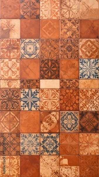 Obraz Rustic Terracotta Tile Pattern Featuring Geometric Designs in Earthy Tones with Matte Glaze