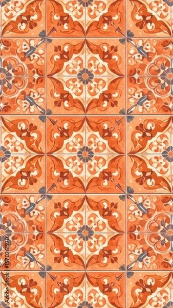 Obraz Rustic Terracotta Tile Pattern Featuring Geometric Designs in Warm Orange Tones with Ornamental Details