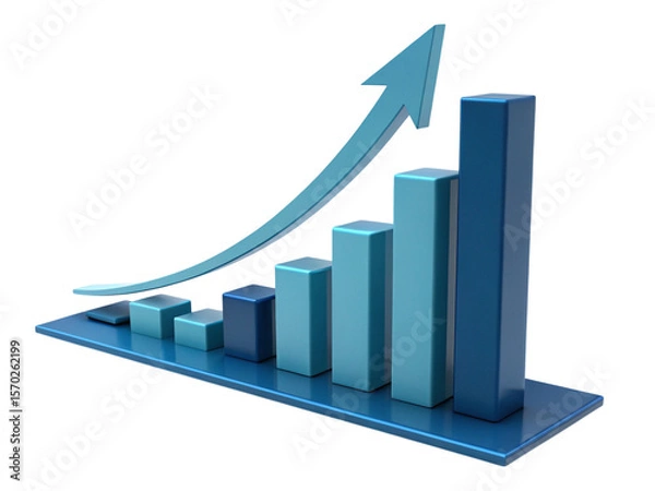 Fototapeta A blue bar graph showing an upward trend with an arrow pointing towards the top right corner created with generated ai