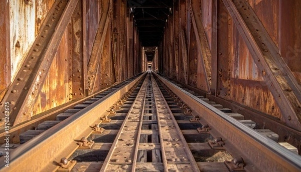 Obraz Rusty Metal Railroad Tracks Perspective Leading Into Dark Tunnel In Industrial Setting