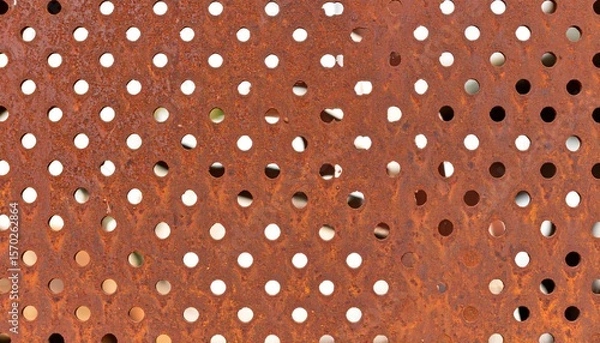 Obraz Rusty Perforated Metal Panel Showing Jagged Holes and Textured Surface in Brown Color