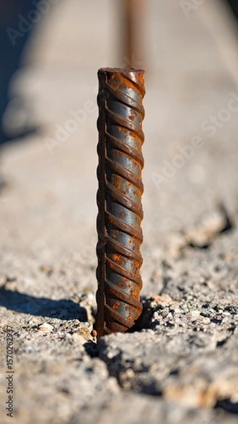 Obraz Rusty Reinforced Steel Bar Protruding From Concrete Showing Texture and Weathering