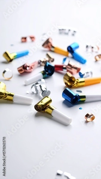 Obraz Scattered Party Blowers and Metallic Confetti on a Bright White Surface with Various Colors and Reflections