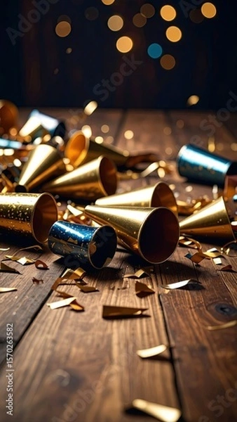 Obraz Scattered Party Horns And Confetti On A Rustic Wooden Table With Golden And Blue Hues