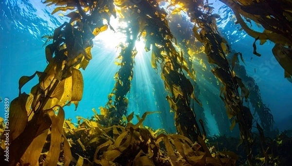 Obraz Sea Level View of Kelp Forests Swaying Underwater with Sunlight Rays Illuminating Marine Environment