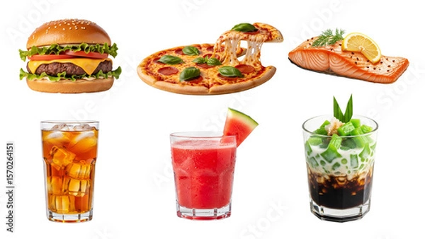 Fototapeta Assorted Food and Drinks Burger Pizza Salmon Iced Tea Watermelon Juice and Chendol.