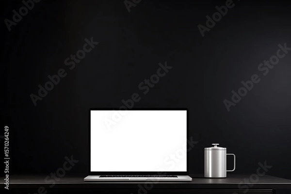 Fototapeta Blank laptop screen and coffee pot on a dark surface.