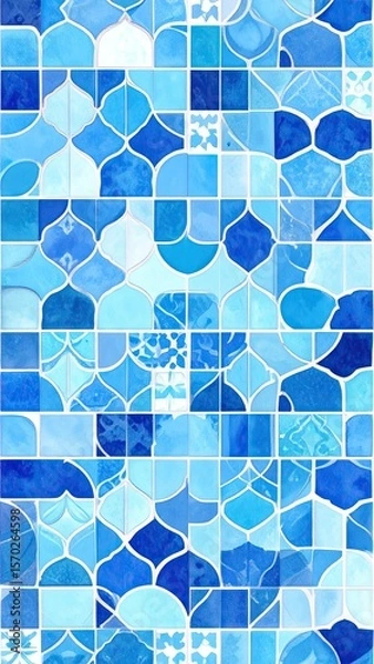 Obraz Seamless Mosaic Tile Pattern Featuring Varied Shades of Blue Geometric Designs and Textured Elements on White Background